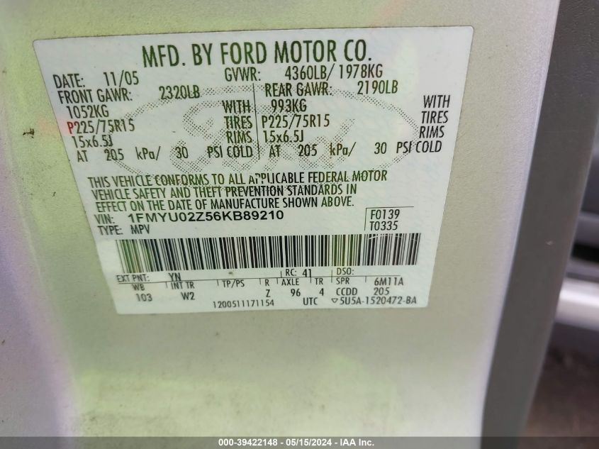 2006 Ford Escape Xls/Xls Manual VIN: 1FMYU02Z56KB89210 Lot: 39422148