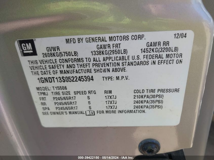 2005 Chevrolet Trailblazer Lt VIN: 1GNDT13S052245394 Lot: 39422150