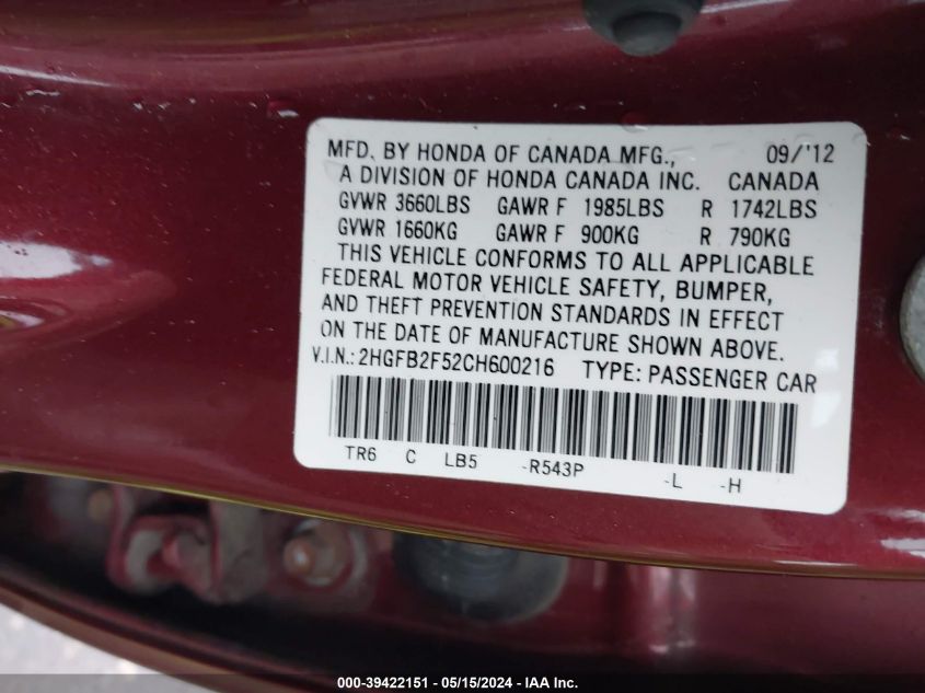 2012 Honda Civic Lx VIN: 2HGFB2F52CH600216 Lot: 39422151