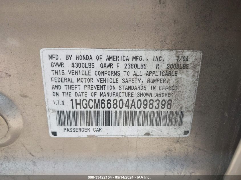 2004 Honda Accord 3.0 Ex VIN: 1HGCM66804A098398 Lot: 39422154
