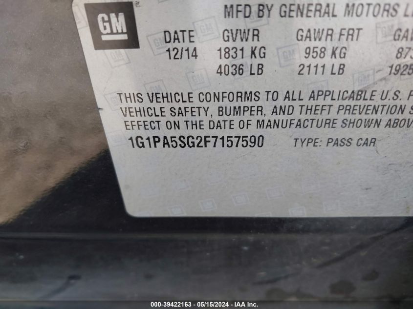 2015 Chevrolet Cruze Ls Auto VIN: 1G1PA5SG2F7157590 Lot: 39422163