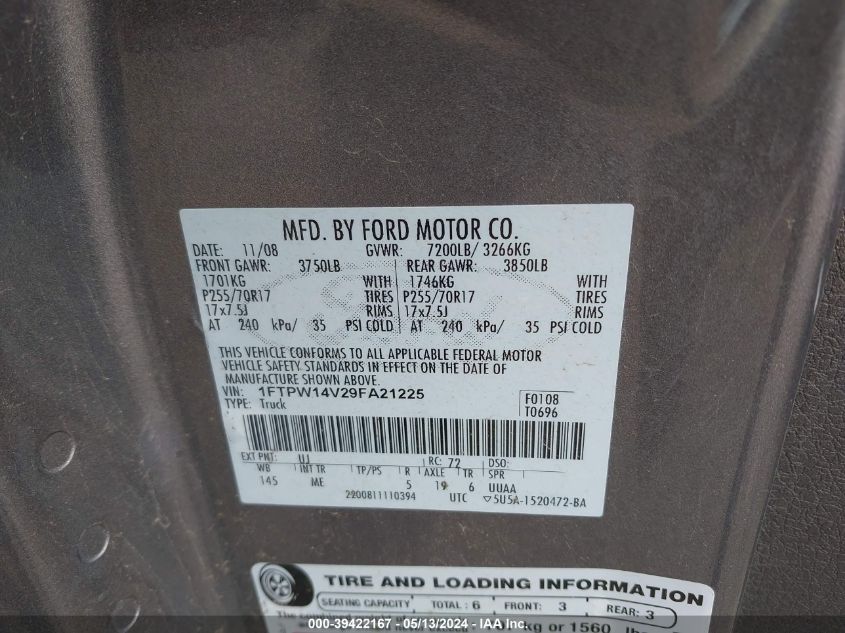 2009 Ford F-150 Fx4/King Ranch/Lariat/Platinum/Xl/Xlt VIN: 1FTPW14V29FA21225 Lot: 39422167