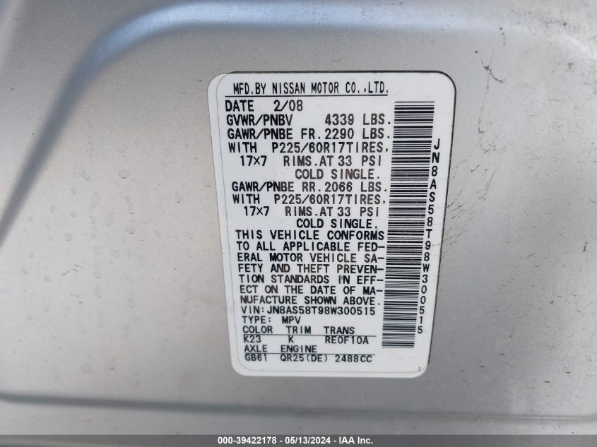 2008 Nissan Rogue Sl VIN: JN8AS58T98W300515 Lot: 39422178
