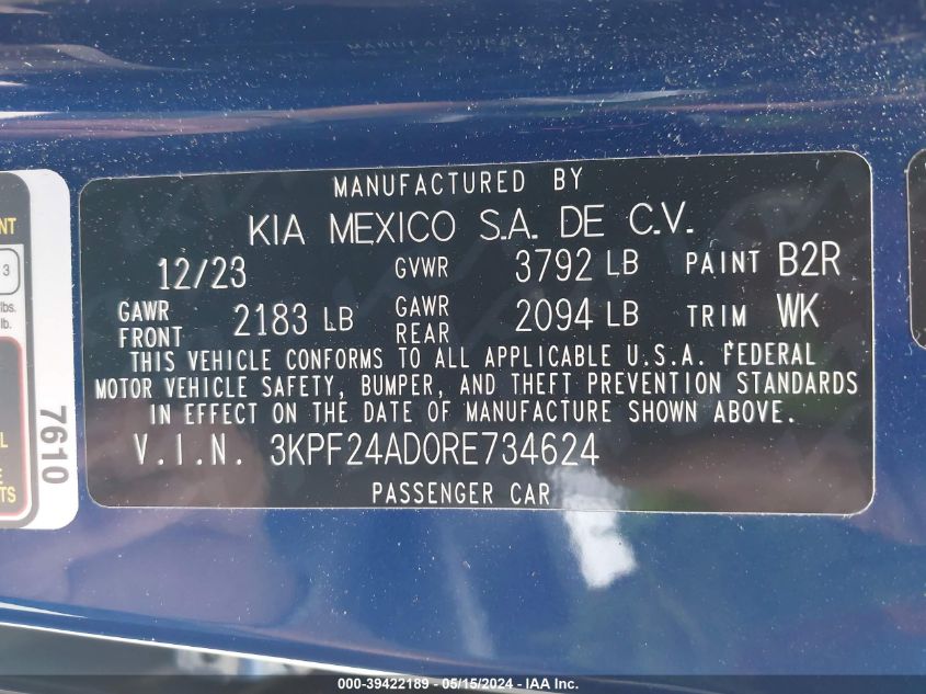 2024 Kia Forte Lxs VIN: 3KPF24AD0RE734624 Lot: 39422189