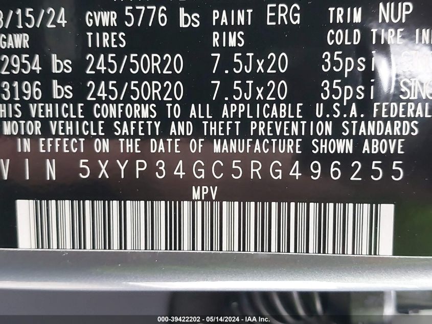 2024 Kia Telluride Ex VIN: 5XYP34GC5RG496255 Lot: 39422202