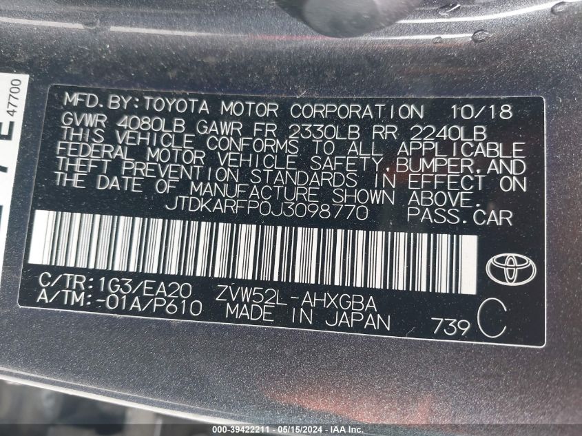 2018 Toyota Prius Prime Premium VIN: JTDKARFP0J3098770 Lot: 39422211