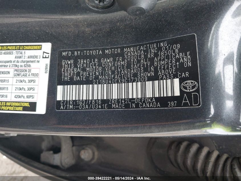 2009 Toyota Corolla Le VIN: 2T1BU40EX9C173009 Lot: 39422221