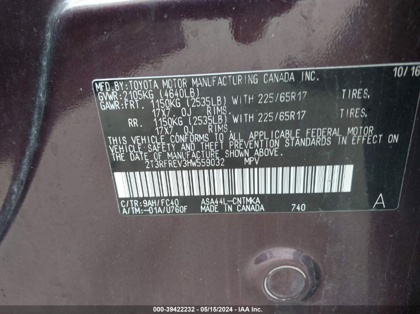 2017 Toyota Rav4 Xle VIN: 2T3RFREV3HW559032 Lot: 39422232