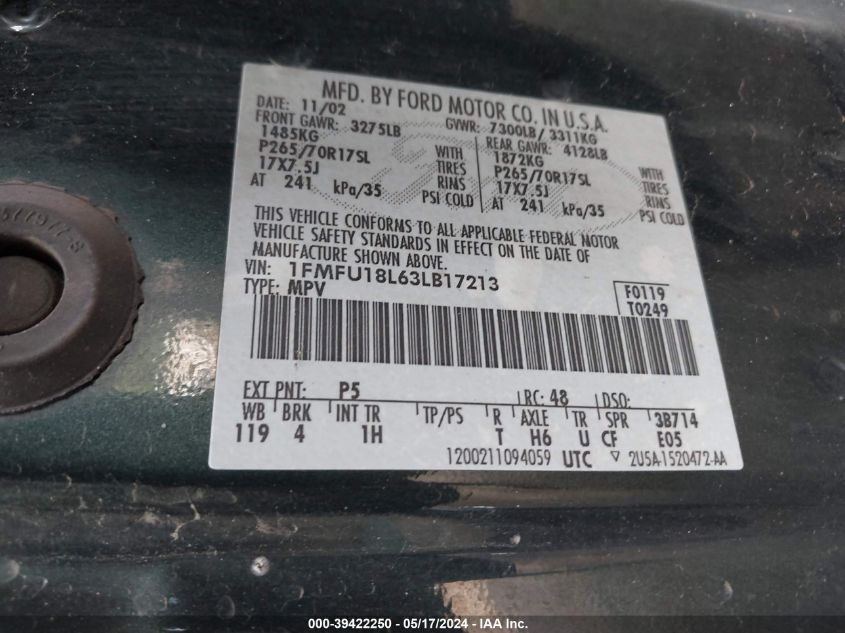 2003 Ford Expedition Eddie Bauer VIN: 1FMFU18L63LB17213 Lot: 39422250