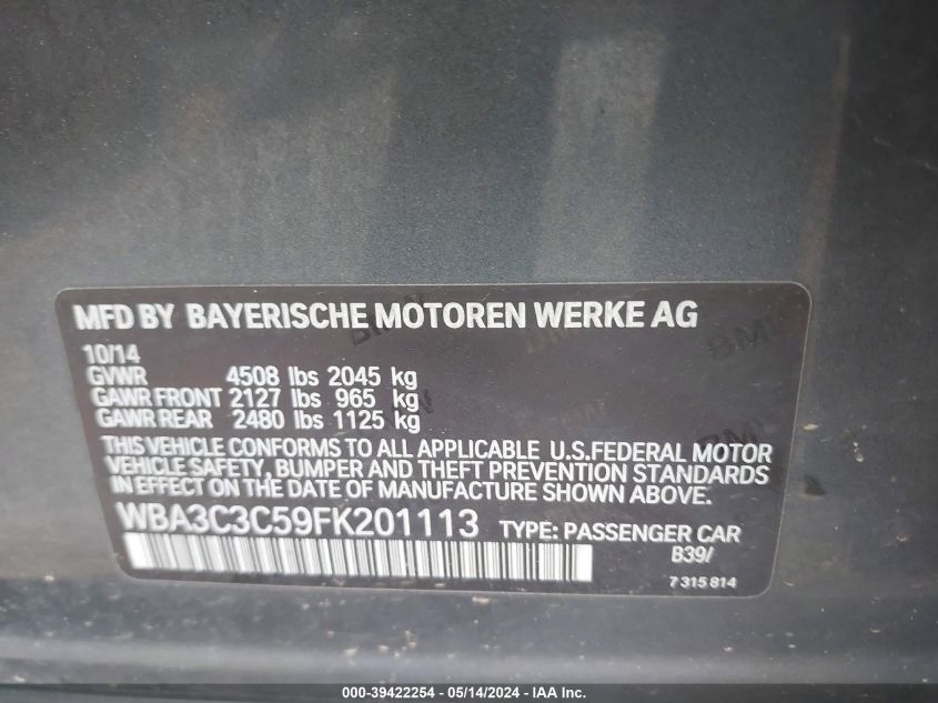 2015 BMW 320I xDrive VIN: WBA3C3C59FK201113 Lot: 39422254