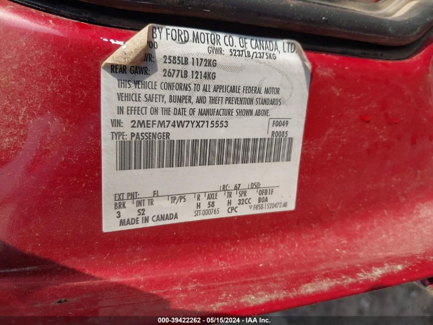 2000 Mercury Grand Marquis Gs VIN: 2MEFM74W7YX715553 Lot: 39422262