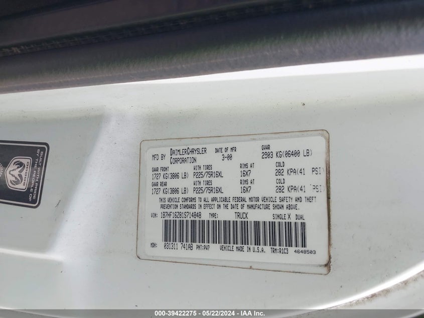 2001 Dodge Ram 1500 St VIN: 1B7HF16Z81S714848 Lot: 39422275