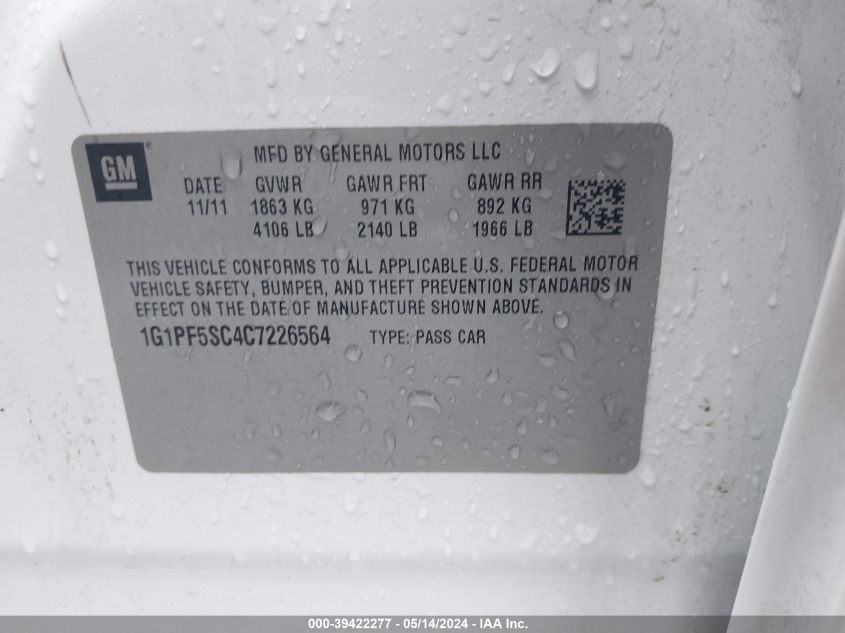 2012 Chevrolet Cruze 1Lt VIN: 1G1PF5SC4C7226564 Lot: 39422277