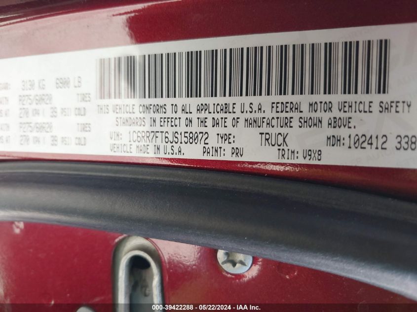 2018 Ram 1500 Express Quad Cab 4X4 6'4 Box VIN: 1C6RR7FT6JS158072 Lot: 39422288