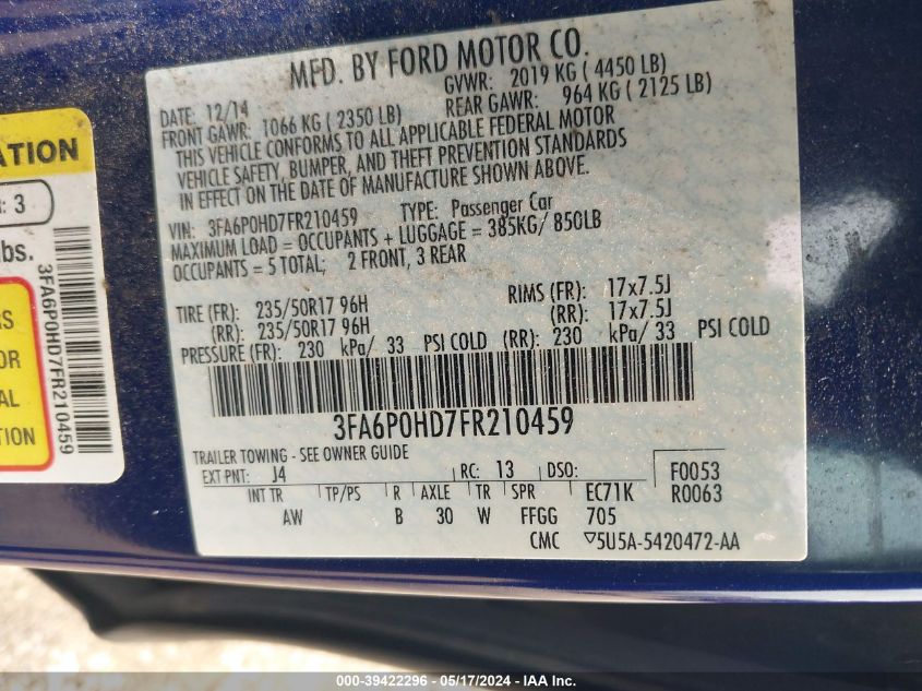 2015 Ford Fusion Se VIN: 3FA6P0HD7FR210459 Lot: 39422296