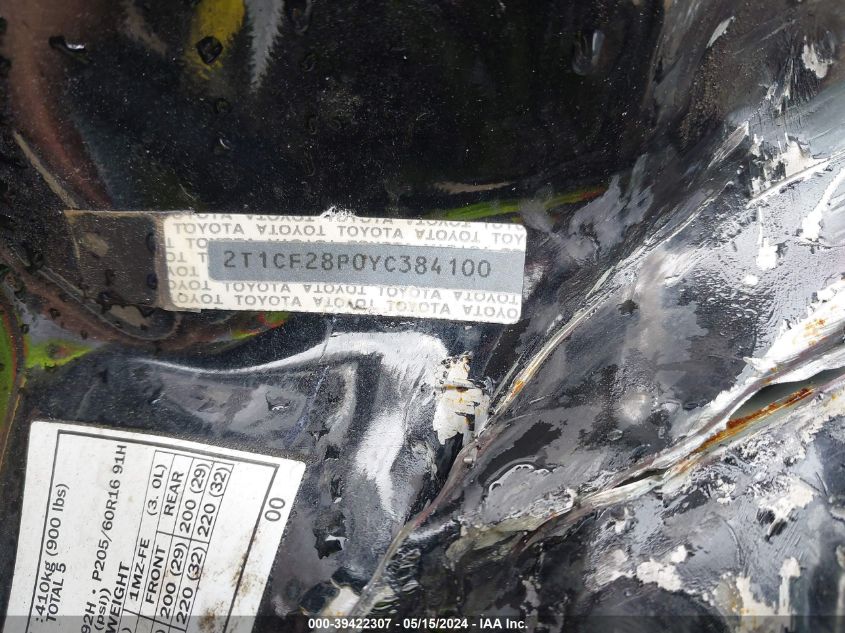 2000 Toyota Camry Solara Sle V6 VIN: 2T1CF28P0YC384100 Lot: 39422307