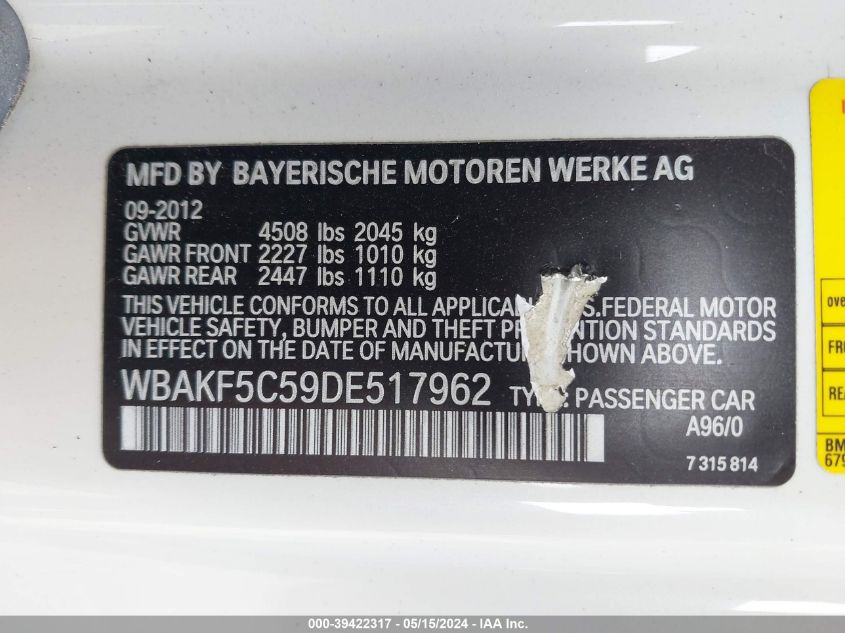 2013 BMW 328 Xi Sulev VIN: WBAKF5C59DE517962 Lot: 39422317