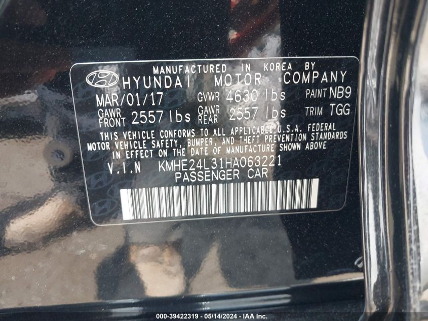 2017 Hyundai Sonata Hybrid Se VIN: KMHE24L31HA063221 Lot: 39422319