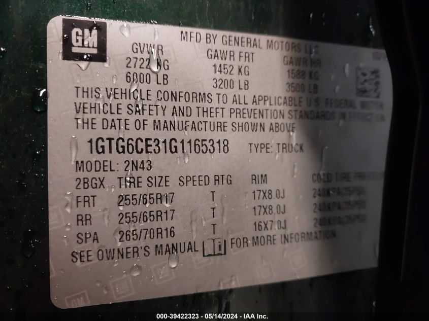 1GTG6CE31G1165318 2016 GMC Canyon Sle