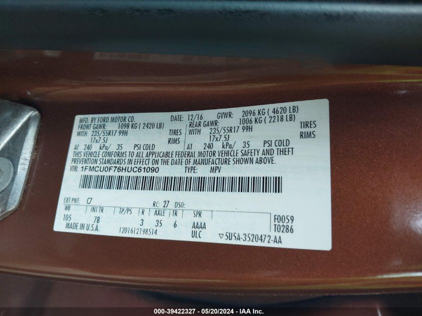 2017 Ford Escape S VIN: 1FMCU0F76HUC61090 Lot: 39422327