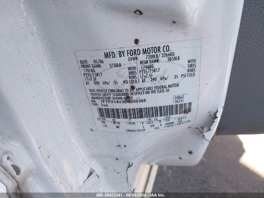 2006 Ford F-150 Fx4/Lariat/Xl/Xlt VIN: 1FTPX14V36NB59385 Lot: 39422341