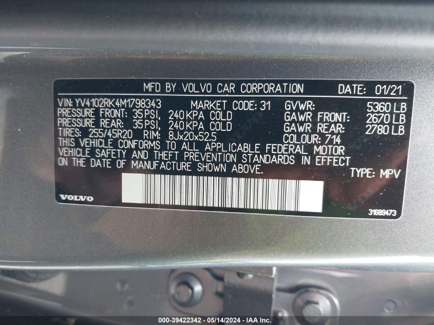 2021 Volvo Xc60 T5 Momentum VIN: YV4102RK4M1798343 Lot: 39422342
