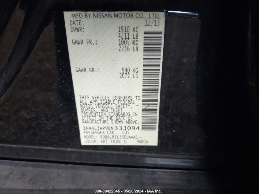 2014 Nissan Altima 2.5 S VIN: 1N4AL3AP9EN333094 Lot: 39422345