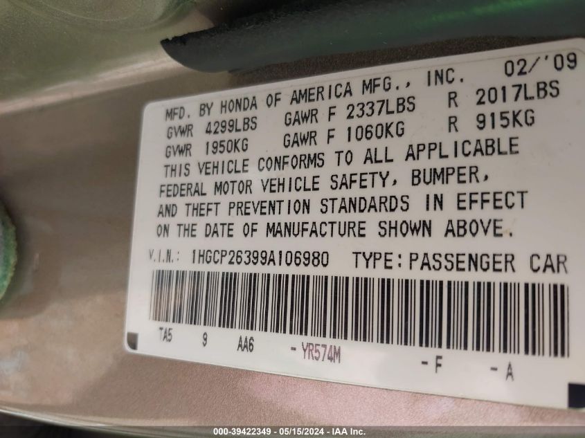 2009 Honda Accord 2.4 Lx VIN: 1HGCP26399A106980 Lot: 39422349