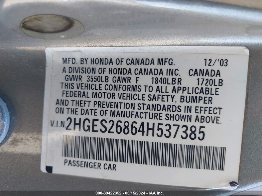 2004 Honda Civic Ex VIN: 2HGES26864H537385 Lot: 39422352