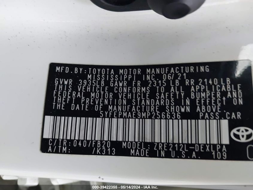 2021 TOYOTA COROLLA VIN: 5YFEPMAE9MP256636