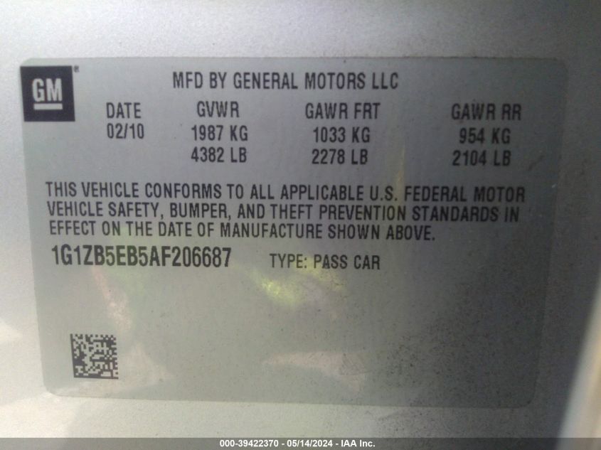 2010 Chevrolet Malibu Ls VIN: 1G1ZB5EB5AF206687 Lot: 39422370