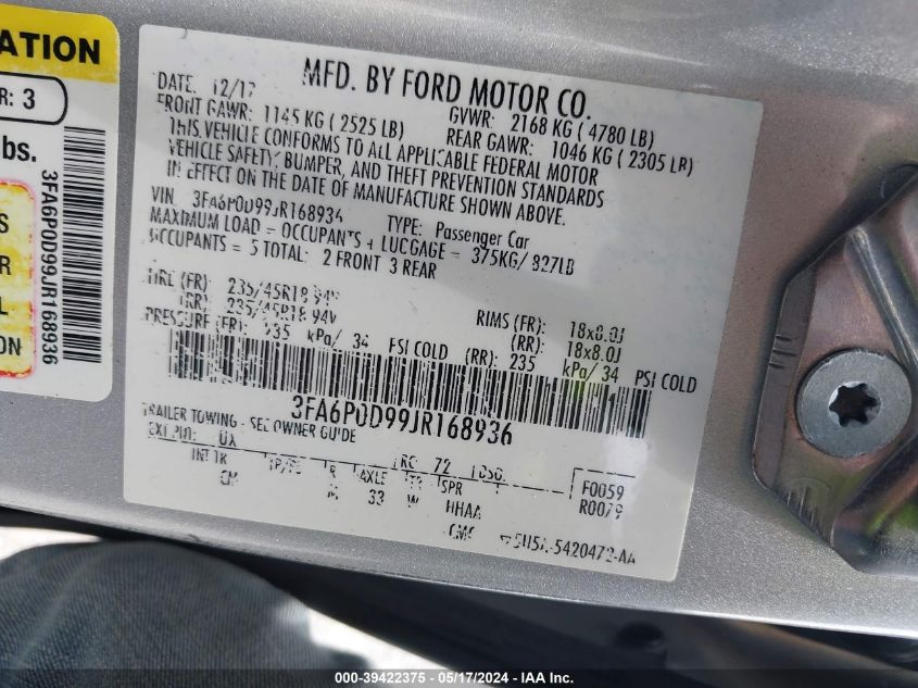 2018 FORD FUSION TITANIUM/PLATINUM - 3FA6P0D99JR168936