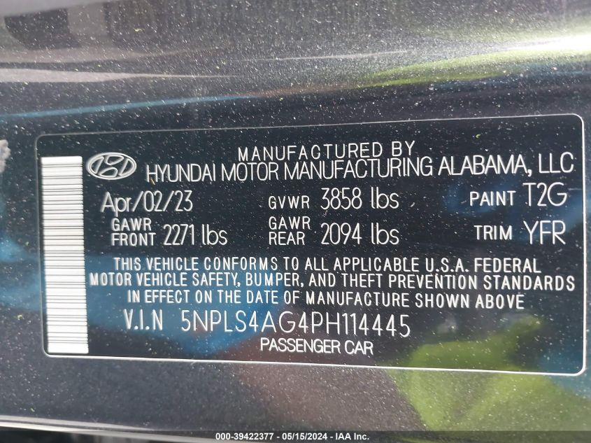 2023 Hyundai Elantra Sel VIN: 5NPLS4AG4PH114445 Lot: 39422377