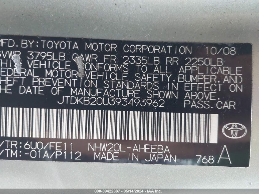 2009 Toyota Prius VIN: JTDKB20U393493962 Lot: 39422387