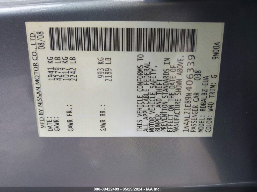 2009 Nissan Altima 2.5 S VIN: 1N4AL21E89N406339 Lot: 39422409