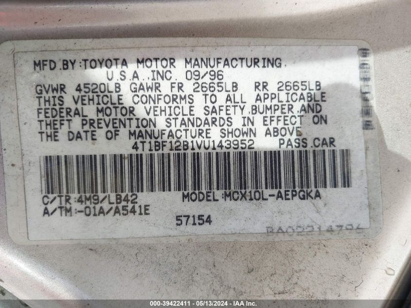 1997 Toyota Avalon Xl/Xls VIN: 4T1BF12B1VU143952 Lot: 39422411