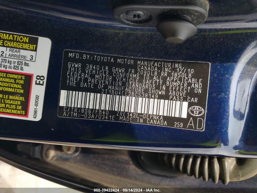 2011 Toyota Corolla Le VIN: 2T1BU4EE2BC538149 Lot: 39422424