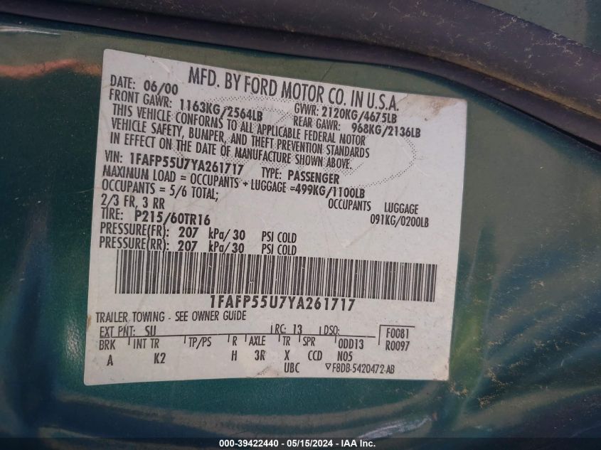 2000 Ford Taurus Ses VIN: 1FAFP55U7YA261717 Lot: 39422440