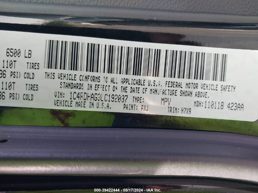 2020 Dodge Durango Sxt Rwd VIN: 1C4RDHAG3LC192037 Lot: 39422444