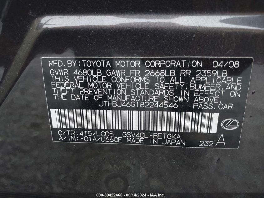 2008 Lexus Es 350 VIN: JTHBJ46G182244546 Lot: 39422465