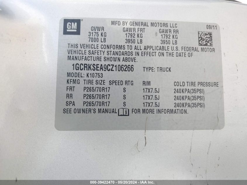 2012 Chevrolet Silverado 1500 Lt VIN: 1GCRKSEA9CZ106266 Lot: 39422470