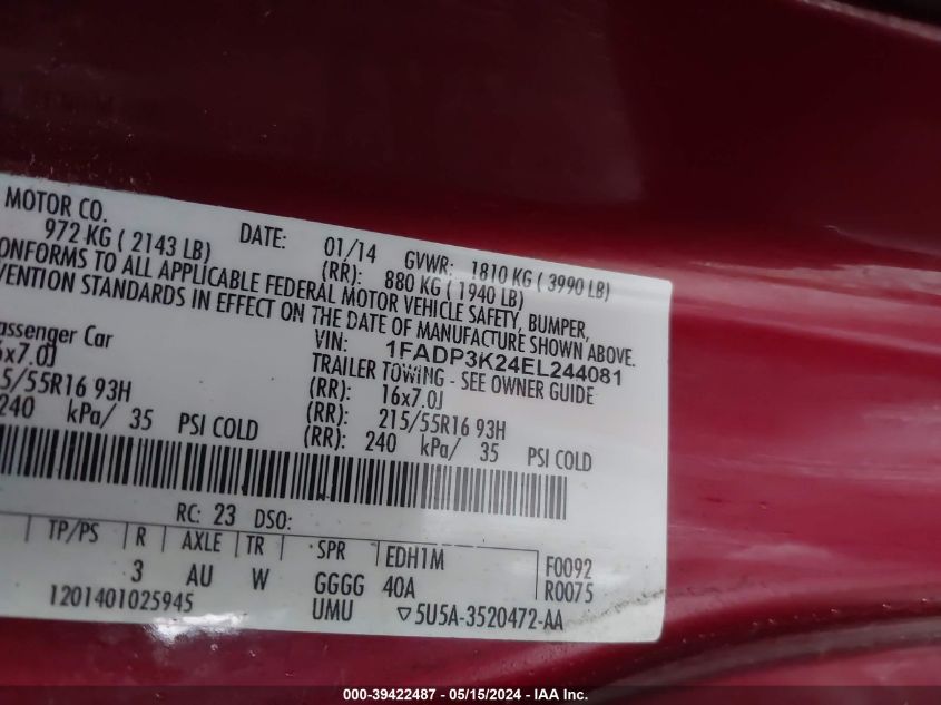 2014 Ford Focus Se VIN: 1FADP3K24EL244081 Lot: 39422487