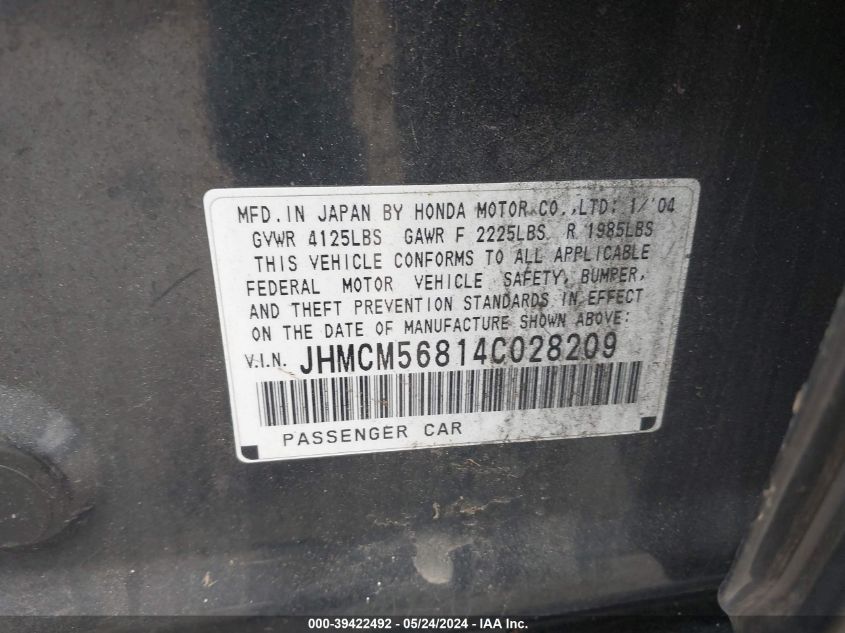 2004 Honda Accord 2.4 Ex VIN: JHMCM56814C028209 Lot: 39422492