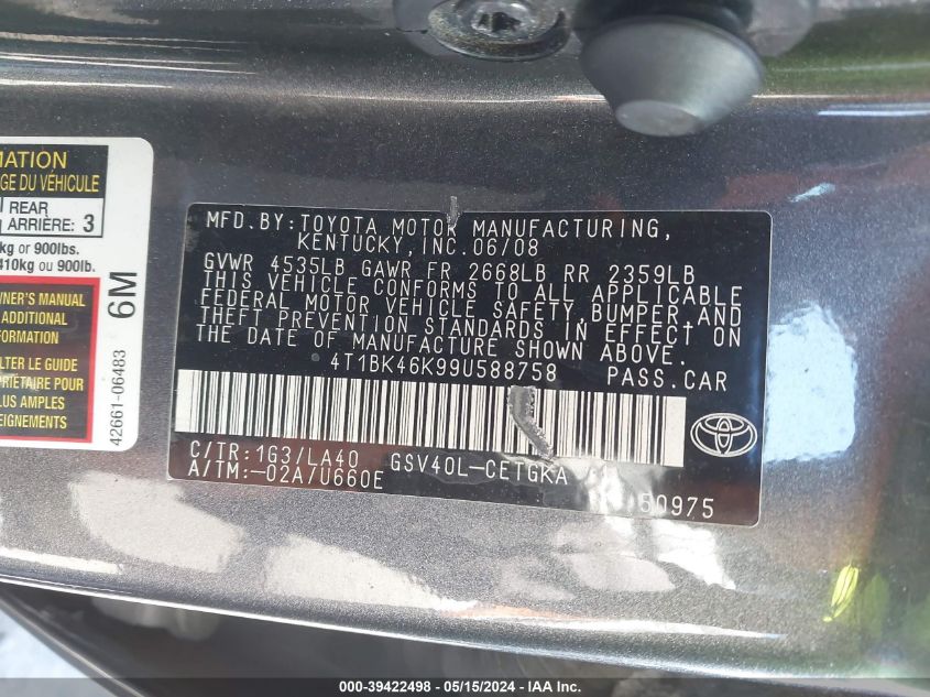 2009 Toyota Camry Xle V6 VIN: 4T1BK46K99U588758 Lot: 39422498