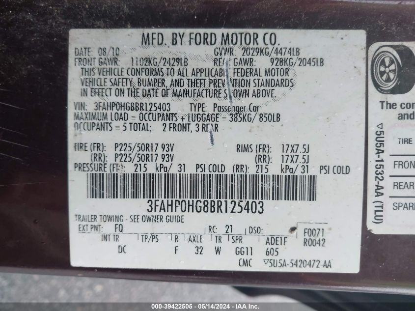 2011 Ford Fusion Se VIN: 3F88POHG8BR125403 Lot: 39422505