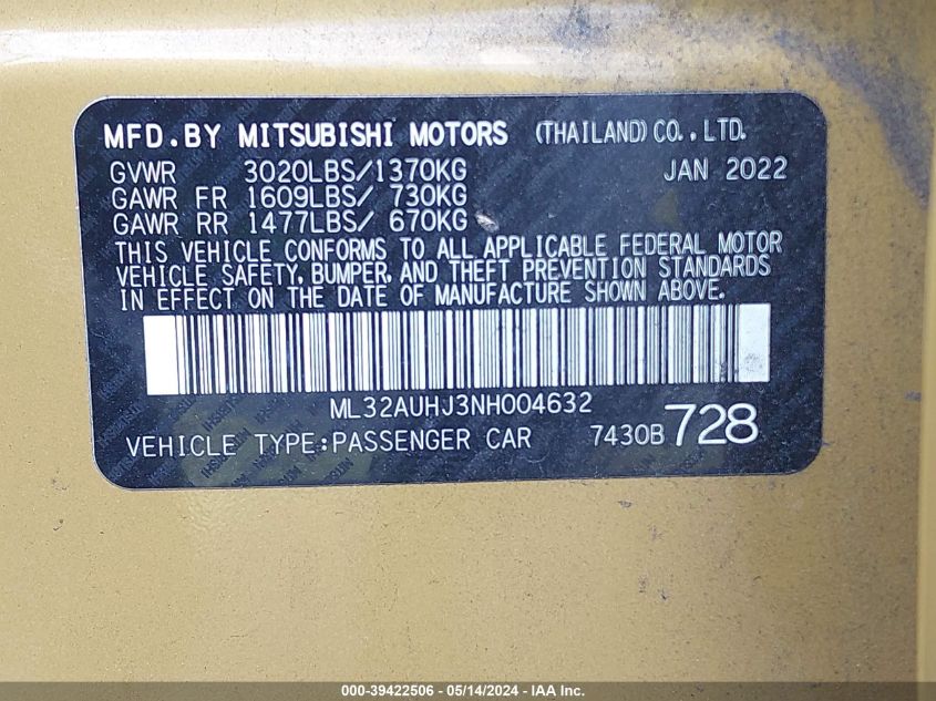 2022 Mitsubishi Mirage Es/Le VIN: ML32AUHJ3NH004632 Lot: 39422506