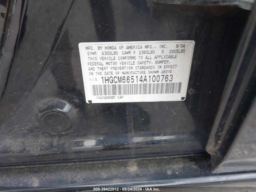 2004 Honda Accord 3.0 Ex VIN: 1HGCM66514A100763 Lot: 39422512