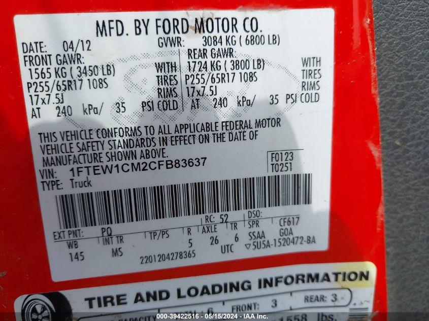 2012 Ford F-150 Xlt VIN: 1FTEW1CM2CFB83637 Lot: 39422516