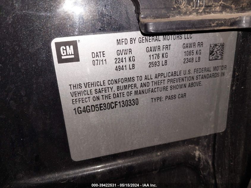 2012 Buick Lacrosse Premium 1 Group VIN: 1G4GD5E30CF130330 Lot: 39422531