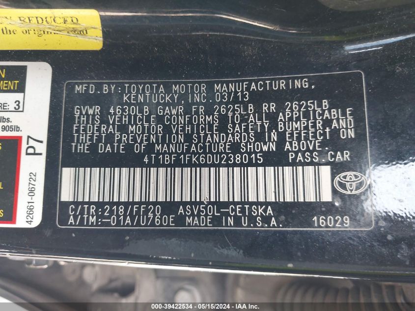 2013 Toyota Camry Se VIN: 4T1BF1FK6DU238015 Lot: 39422534